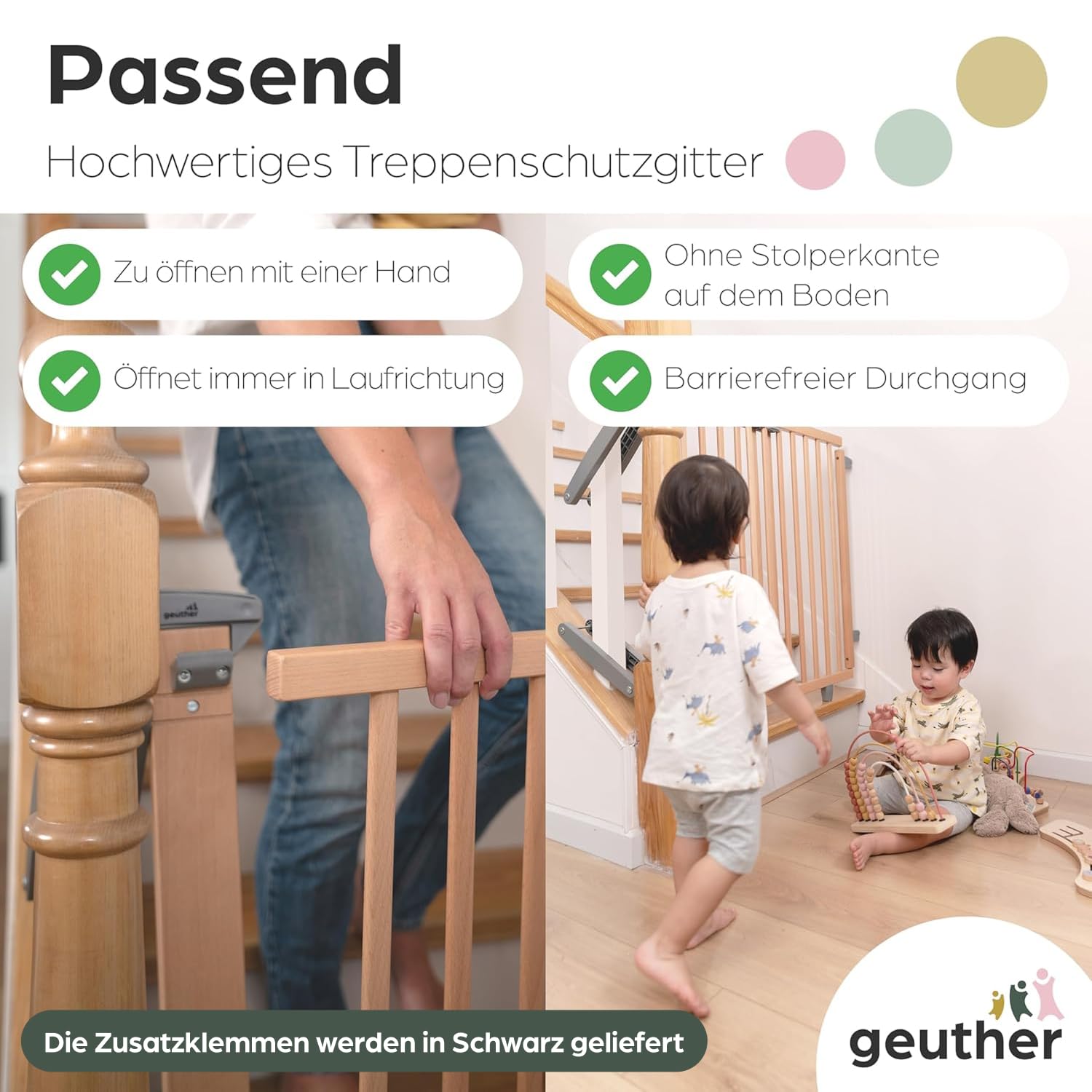 Geuther Treppenschutzgitter Oris | Türschutzgitter zum Anschrauben inkl. 2X Klemmen für Treppengeländer, Breite 95-135 cm | Stabiles Türgitter mit Schwenktür | Kindergitter Holz, Naturbelassen