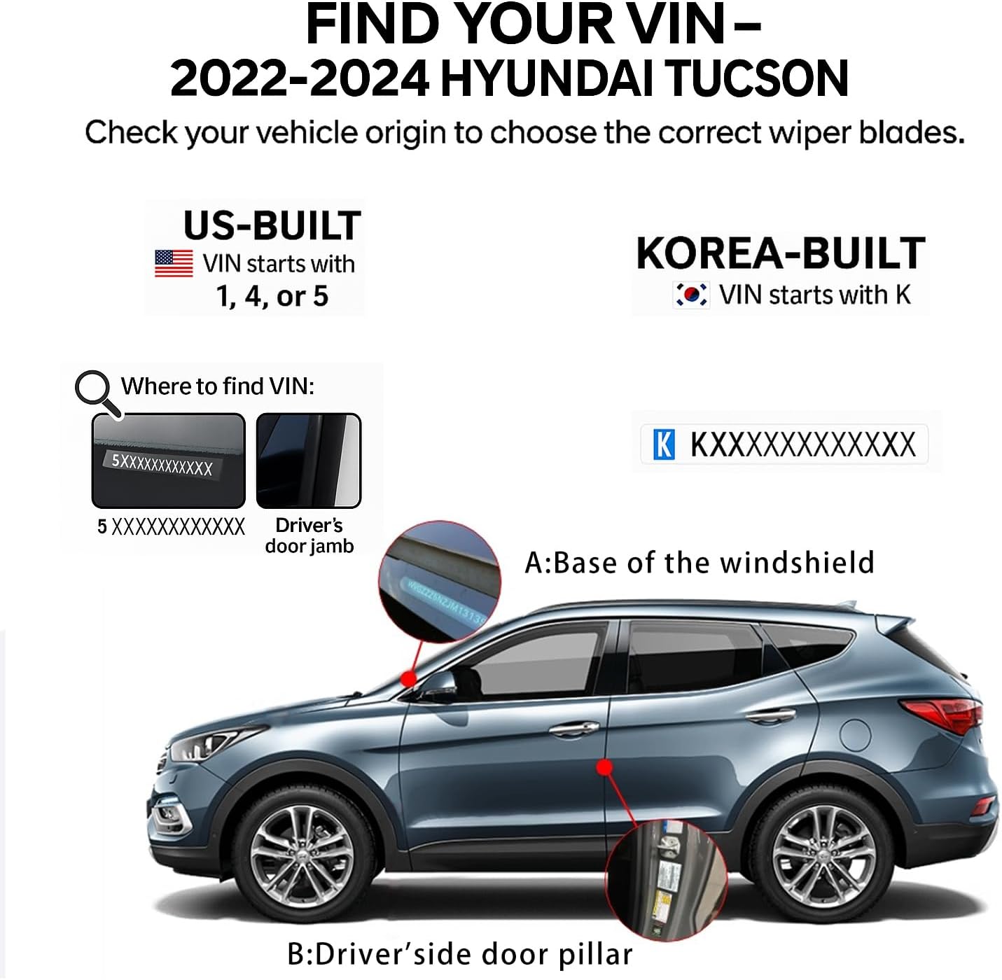 Windshield Wiper Blades for 2022 2023 2024 Hyundai Tucson (US Built 26'' 16'' 11'') - Complete Set Front & Rear Premium All-Season Wipers