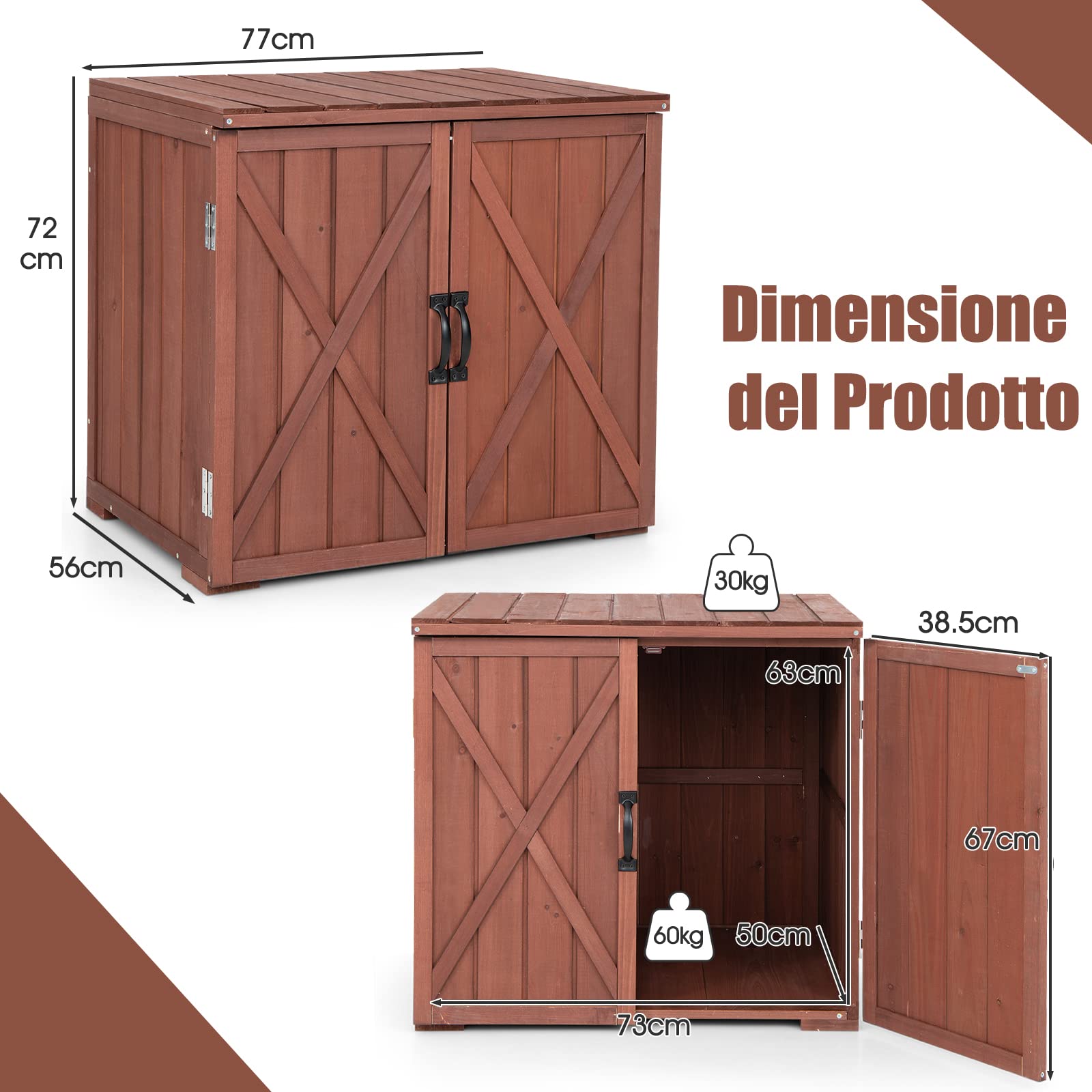COSTWAY Casetta da Giardino in Legno di Abete, Capanno da Esterno con Doppie Ante Magnetiche e Comode Maniglie, Ideale per Giardino, Giardino, Fattoria e Cortile, 77 x 56 x 72 cm