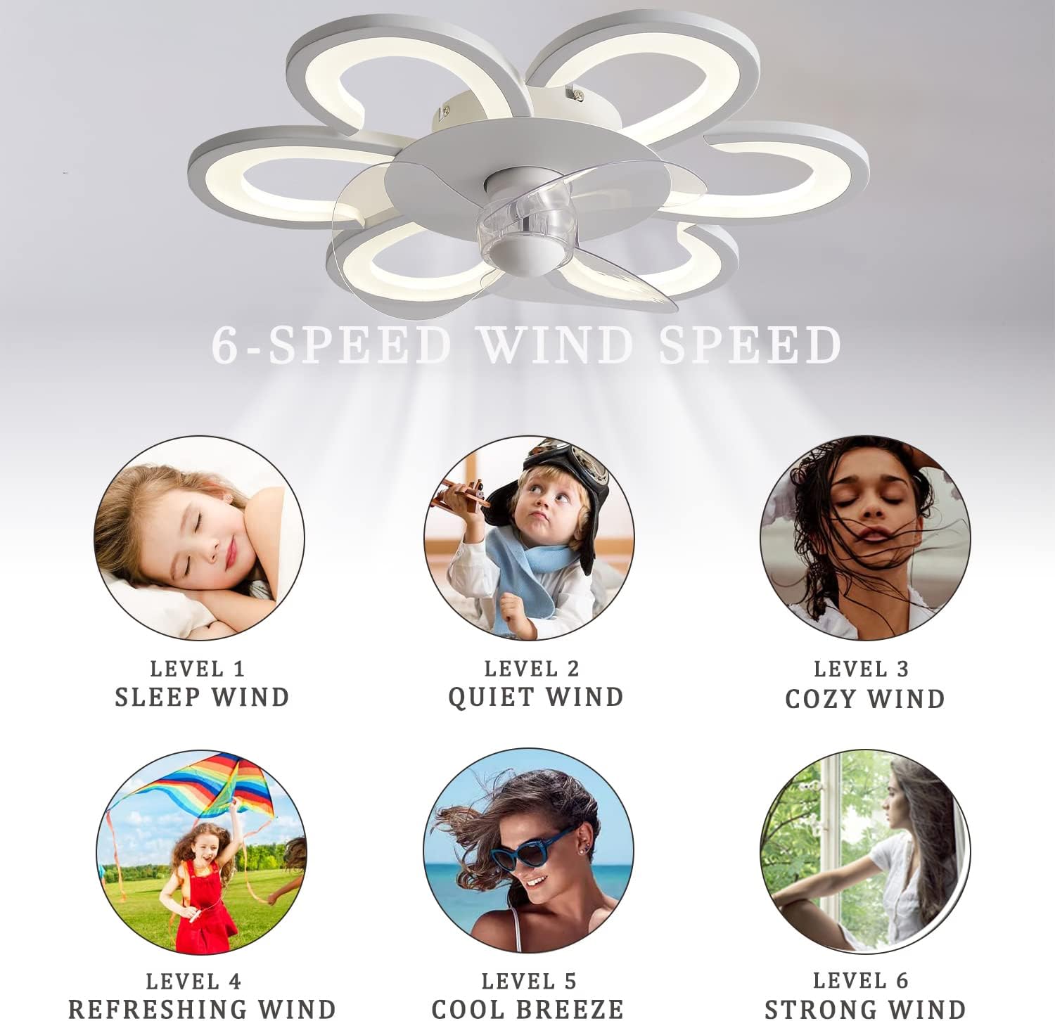 YUEGOO Led Flower Ceiling Fan Lamp with Remote Control, Adjustable Speed, Dimmable, Ceiling Light for Living Room and Bedroom