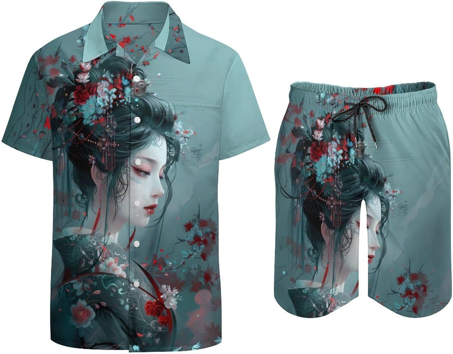 Beautiful Japanese Geisha Men's Summer Beach Outfits Shirt And Shorts Set 2 Piece Vacation Swimwear