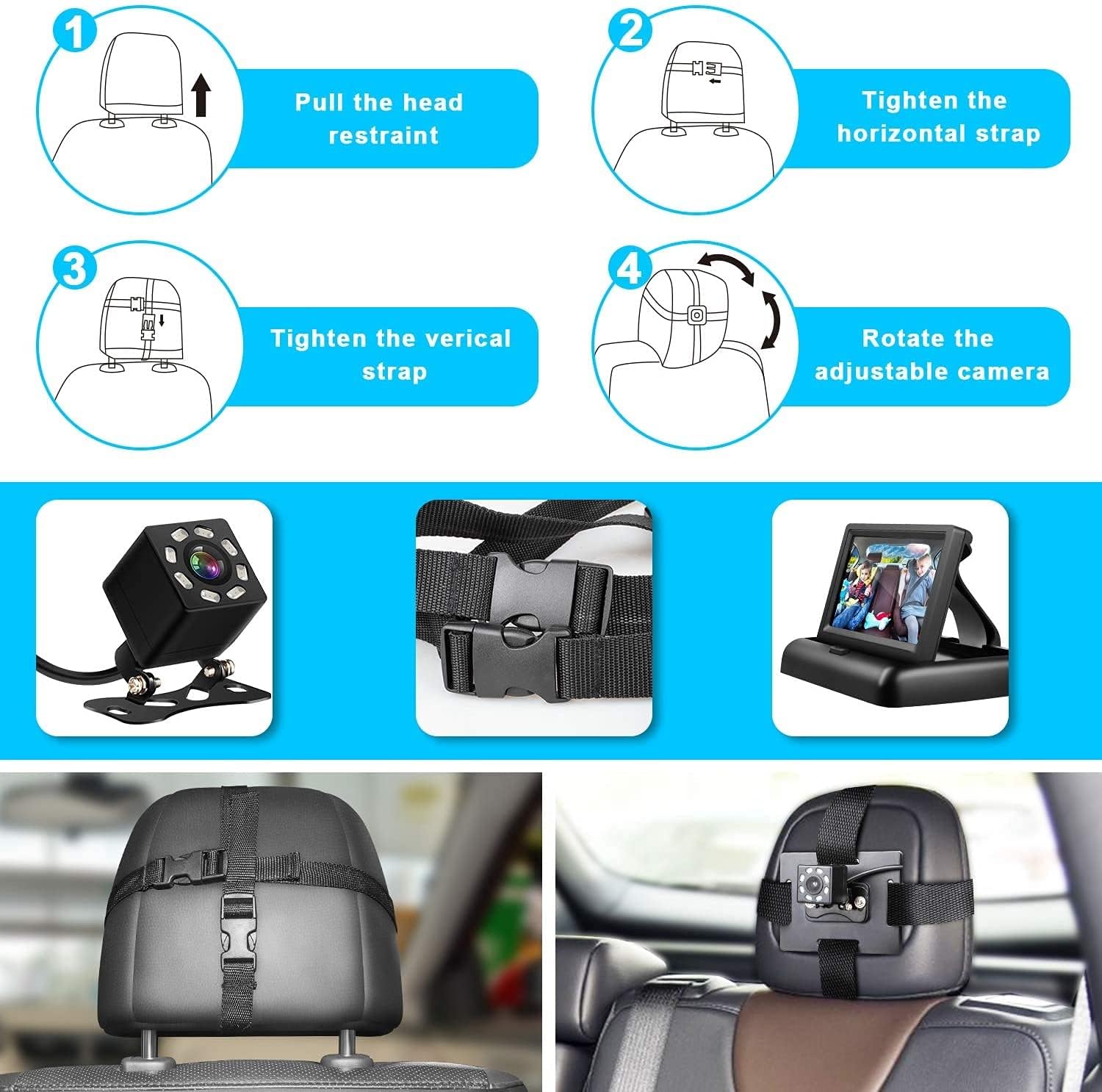 Baby Car Mirror, 4.3 Inch HD Display Car Mirror Baby Rear View, Shockproof 360° Adjustable Night Vision Baby Mirror for Twins Back Seat Rear Facing