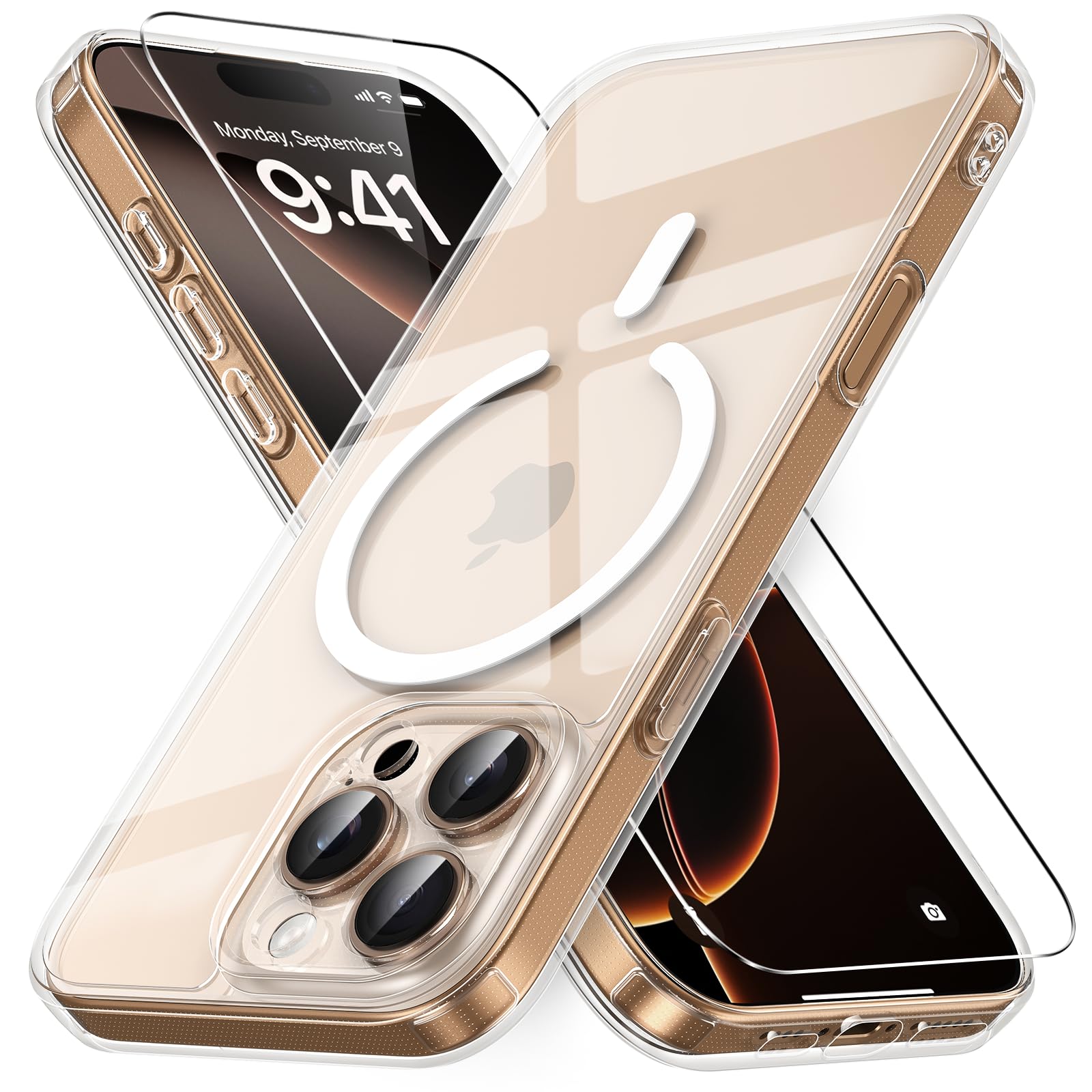 Vansdon Cover Magnetica per iPhone 16 Pro Max con 1 Pezzi Vetro Temperato, Compatibile con Magsafe, Protezione anticaduta di livello militare, Custodia Traslucida Opaca Sottile Antiurto-Transparent