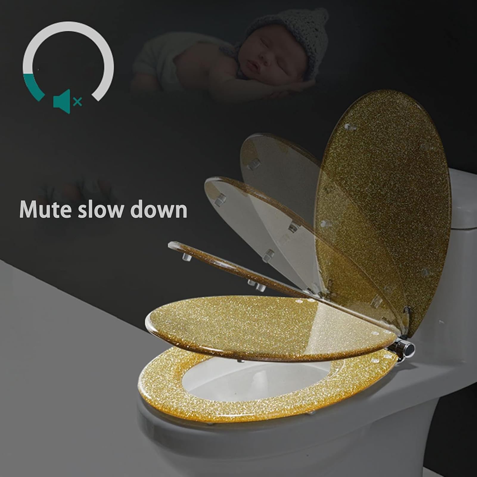 3D Design Soft Close Sedili Igienici con Cerniera Regolabile in Acciaio Inossidabile Ovale Quick Release Sedile WC di Famiglia per U/V/O,Gold 2