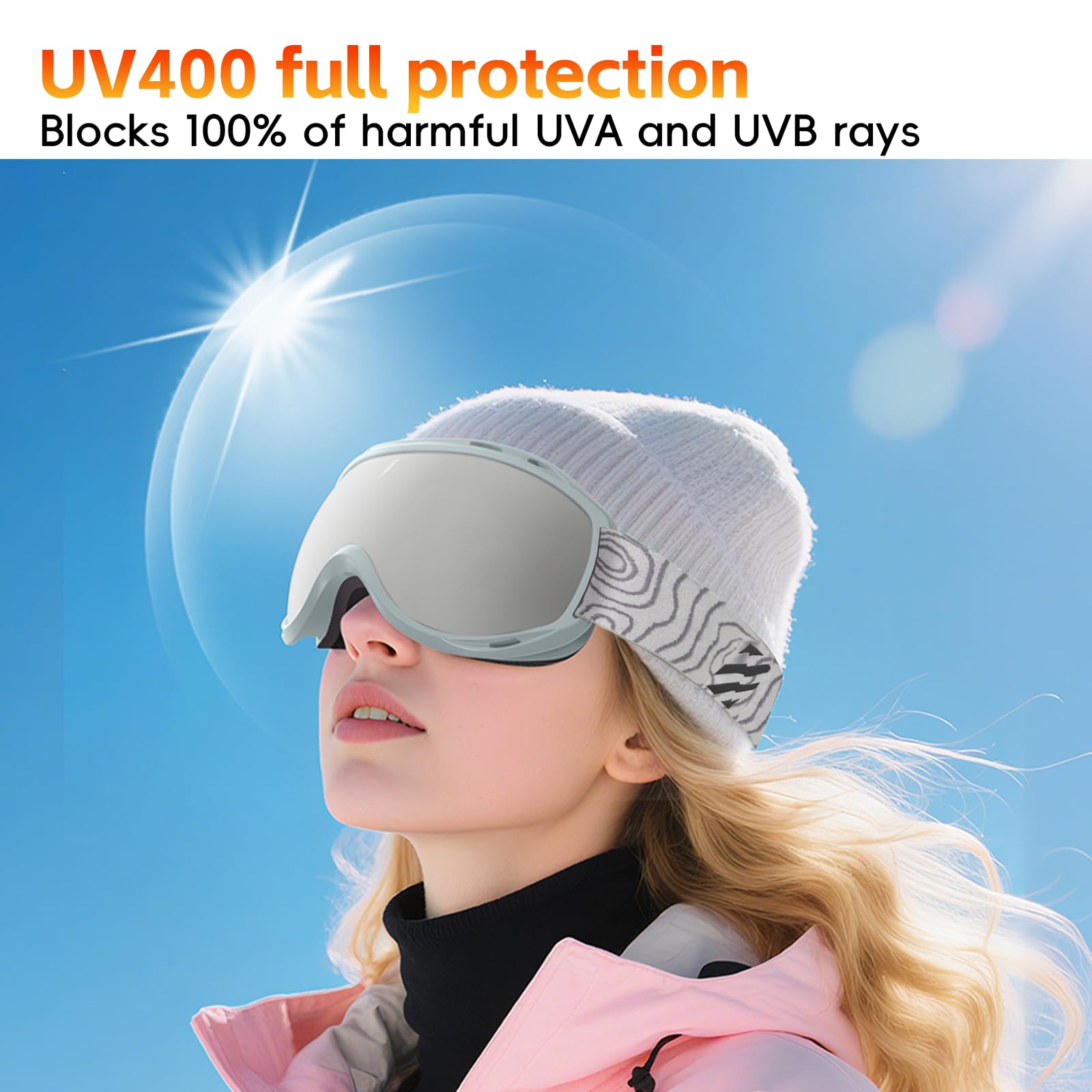 Gafas de esquí esféricas, lente de PC, marco de TPU, protección UV400, lente interior antivaho, gafas de snowboard y esquí