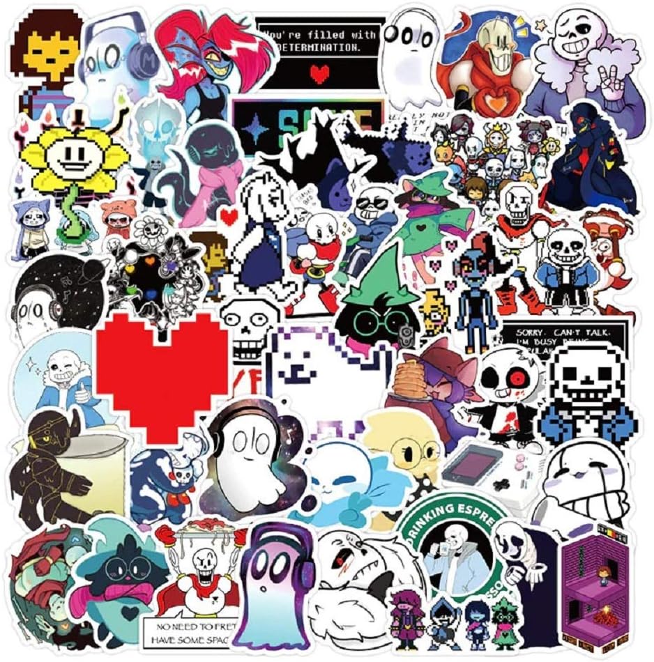 Undertale Stickers Pack| 50pcs Sans Undertale Viny Waterproof Stickers for Laptops PC Frisk Sans Au Gaster Undyne Flowey Decal for Teen Girl Adults DIY Computer Phone Case Water Bottle Skateboard (A)