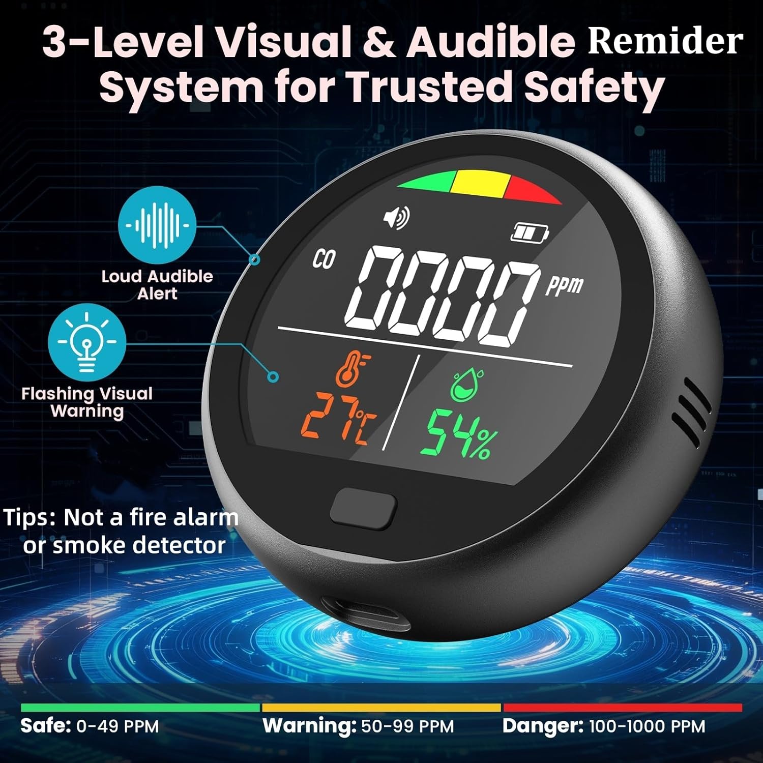 Portable Carbon Monoxide Detector for Travel - 3-in-1 Rechargeable CO Monitor with Temp & Humidity Sensor, Loud Audible & Visual Alert, 220H Standby CO Detector for Hotel, Car, RV & Home (Dark Grey)