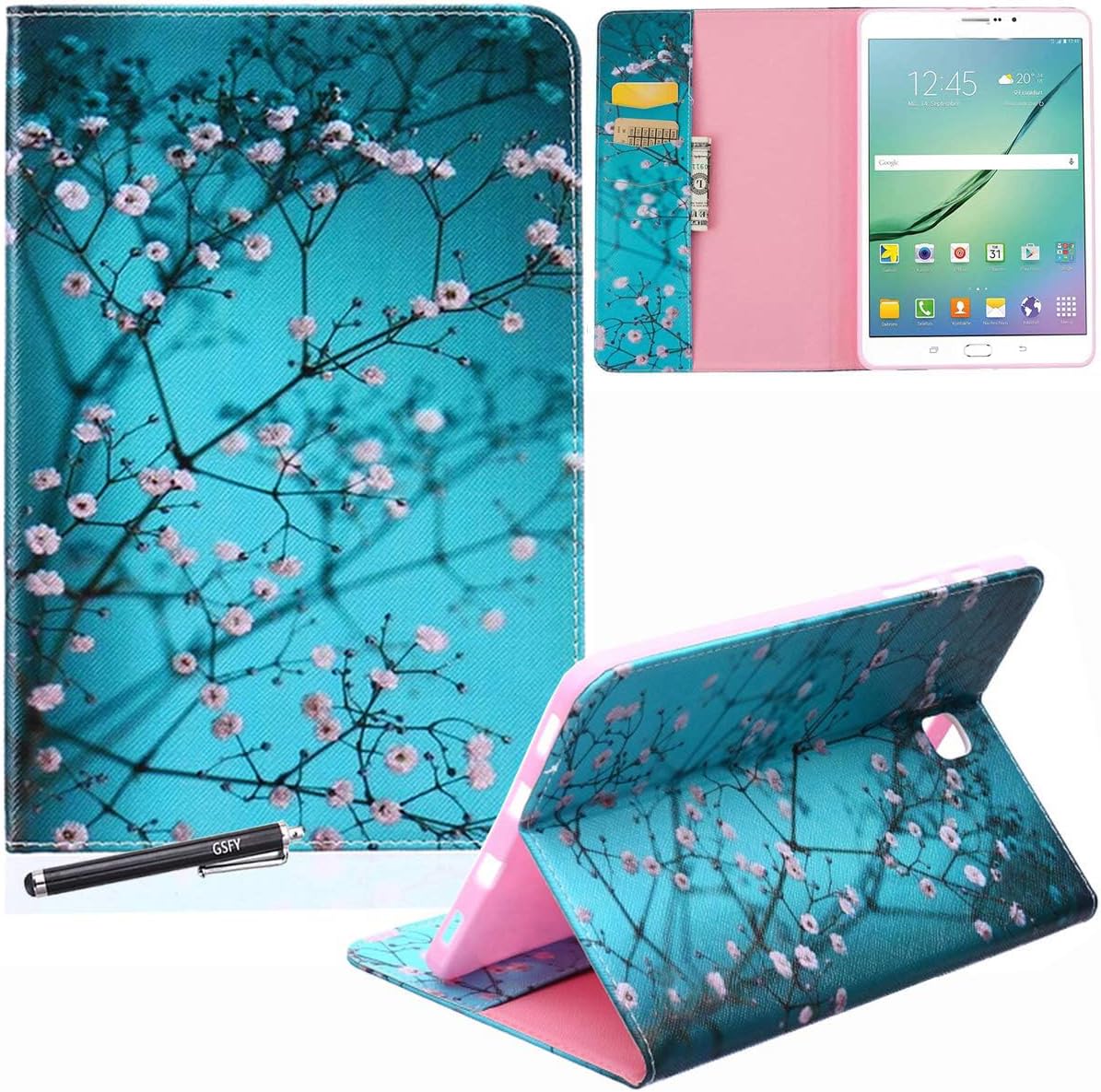 Galaxy Tab S2 8.0 Case - Newshine PU Leather Stand Folio Case Cover with Card Slots, Note Holder for Samsung Galaxy Tab S2 Tablet (8.0 Inch, SM-T710 T715) - Almond Flowers