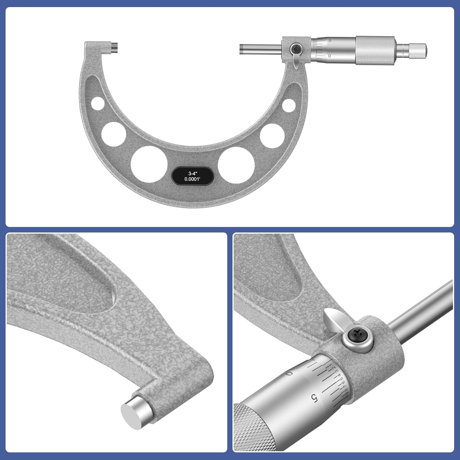 HDLNKAK High-Quality Outside Micrometer Set, 4 Pcs Machinist Tool Set(0-1'' 1-2'' 2-3'' 3-4''), 0.0001" Graduation Micrometer Set, Alloy Precision Micrometer, Micrometer Standard Set with Case - Grey