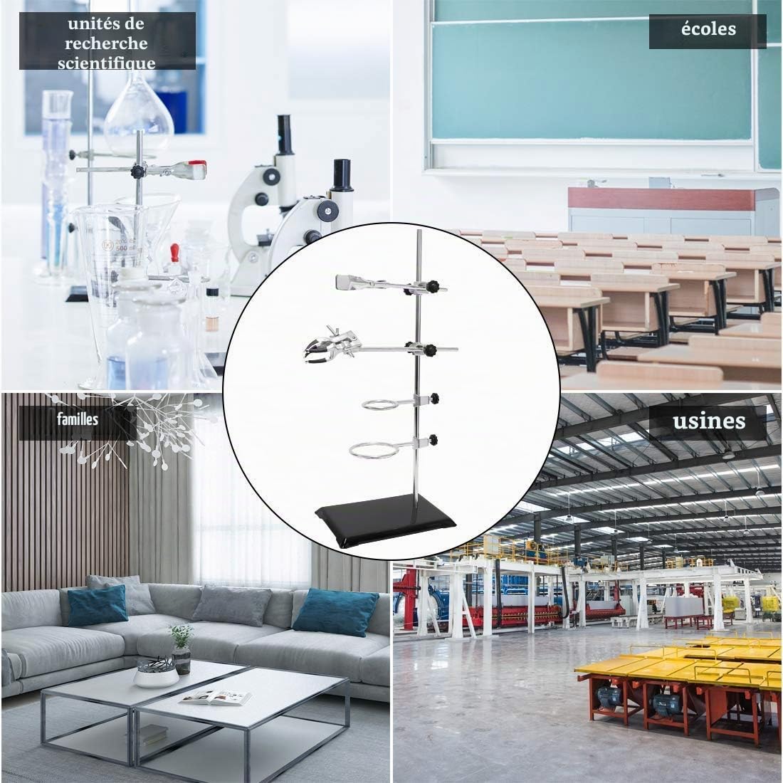 Support de laboratoire (21x14cm), 2 anneaux (dia. 5 cm/7,3 cm), tige (40 cm de long) et pince de burette