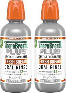 TheraBreath Fresh Breath PLUS Mouthwash, Peppermint Flavor, Alcohol-Free, 16 Fl Oz (2-Pack)