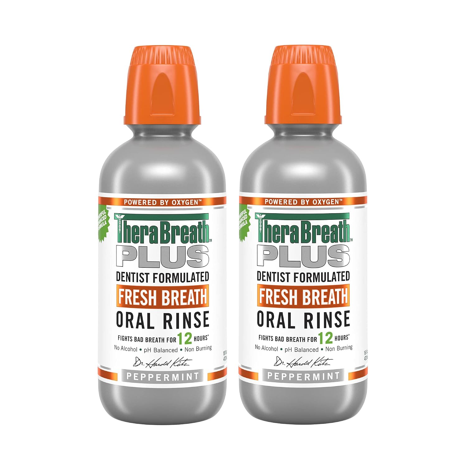 TheraBreath Fresh Breath PLUS Mouthwash, Peppermint Flavor, Alcohol-Free, 16 Fl Oz (2-Pack)