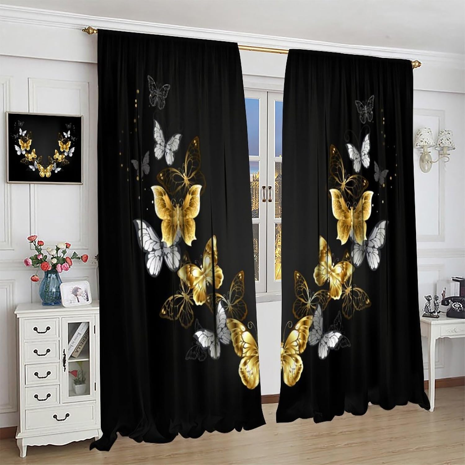 Butterfly Curtains Black Gold Fantasy Theme Black Background Rod Pocket Blackout Window Drapes for Bedroom Living Room Kitchen Cafe Decor （W21xL63 Inch） x2 Panels