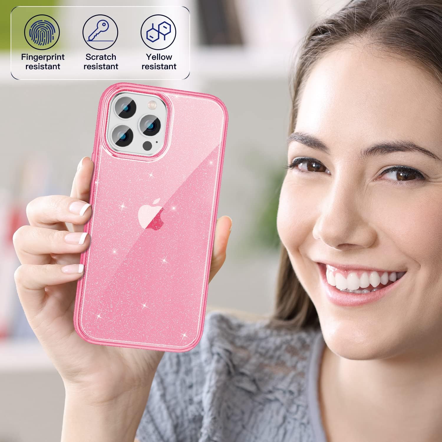 iPhone 13 Pro Max Case Glitter [New Upgrade] Not Yellowing +Hard PC Bling Sparkle Case for Women Girls,Shockproof Phone Case Cover with Screen Protector 6.7inch -Pink