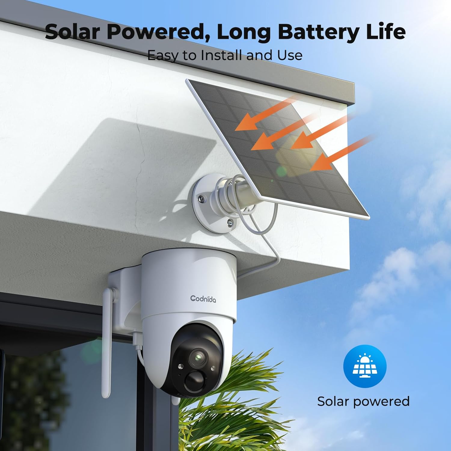 Codnida solar-powered camera mounted on an exterior wall, with the solar panel positioned to capture sunlight.