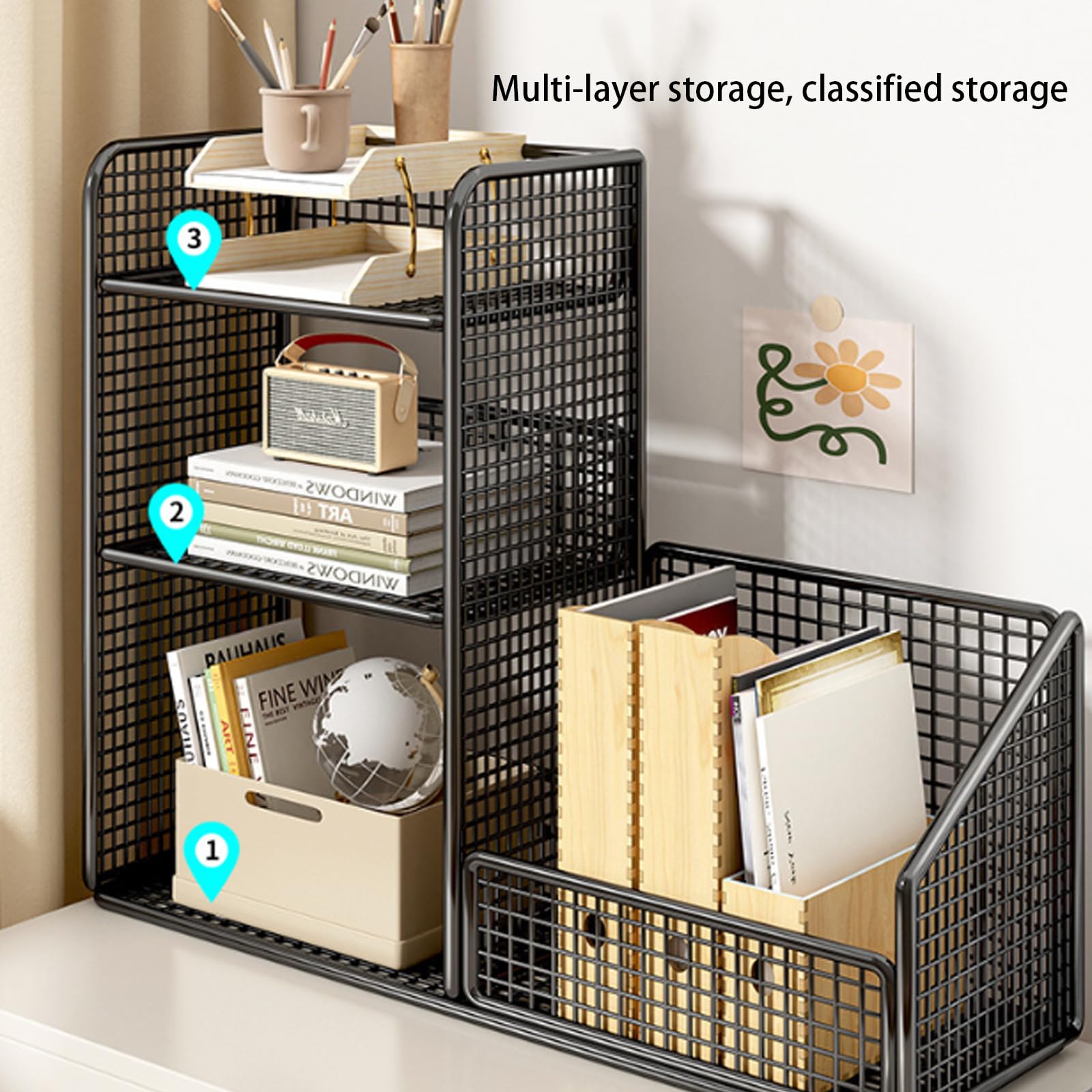 Organizer da scrivania in Rete con Porta cancelleria, ripiano per scrivania in Rete Metallica per Documenti cartacei e organizzazione di cancelleria, Design Resistente ed Elegante per Uso do