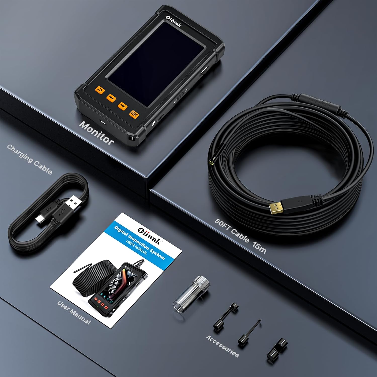 50FT Endoscope Camera with Light, Oiiwak Snake Borescope Endoscope Inspection Camera for Pipe Sewer Drain Plumbing Inspection 1080P HD 4.3" IPS Screen IP67 Waterproof