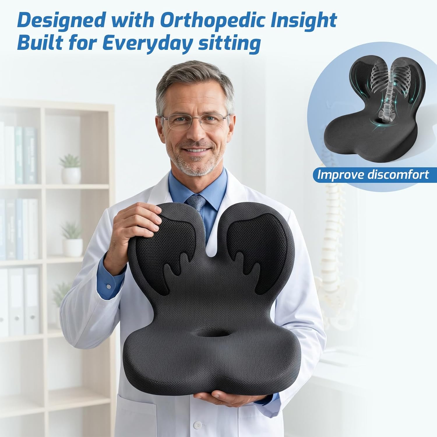 Ergonomic Seat Cushion,Office Chair Cushion with Lumbar Support Pillow,Memory Foam Car Seat Cushions,Designed for Sciatica, Tailbone,Back Pain,Back Cushion for Office,Car,Home Desk Chair