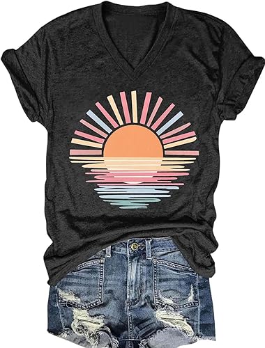 Womens V-Neck T-Shirt Flower Graphic Tees Summer Fashion Boho Tops