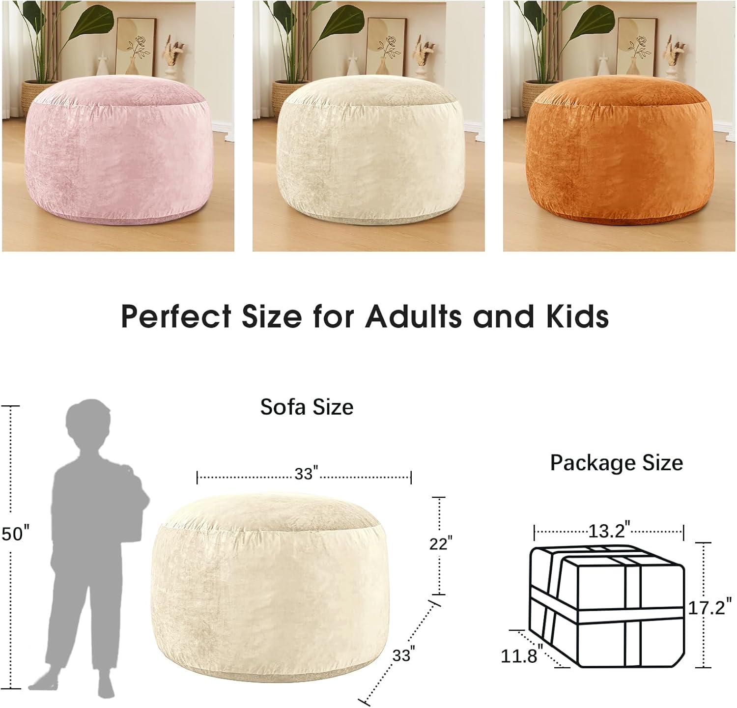 Bean Bag Chairs for Adults - Memory Foam Furniture BeanBag Chair - Kids/Teens Sofa with Soft Micro Fiber Cover - Round Fluffy Couch for Living Room Bedroom College Dorm - 3 ft, Ivory - Image 3