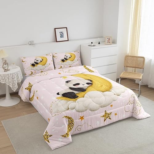 Feelyou Juego de edredón de panda de dibujos animados lindo, juego de ropa de cama con estampado de panda para dormir, luna y estrella, juego de