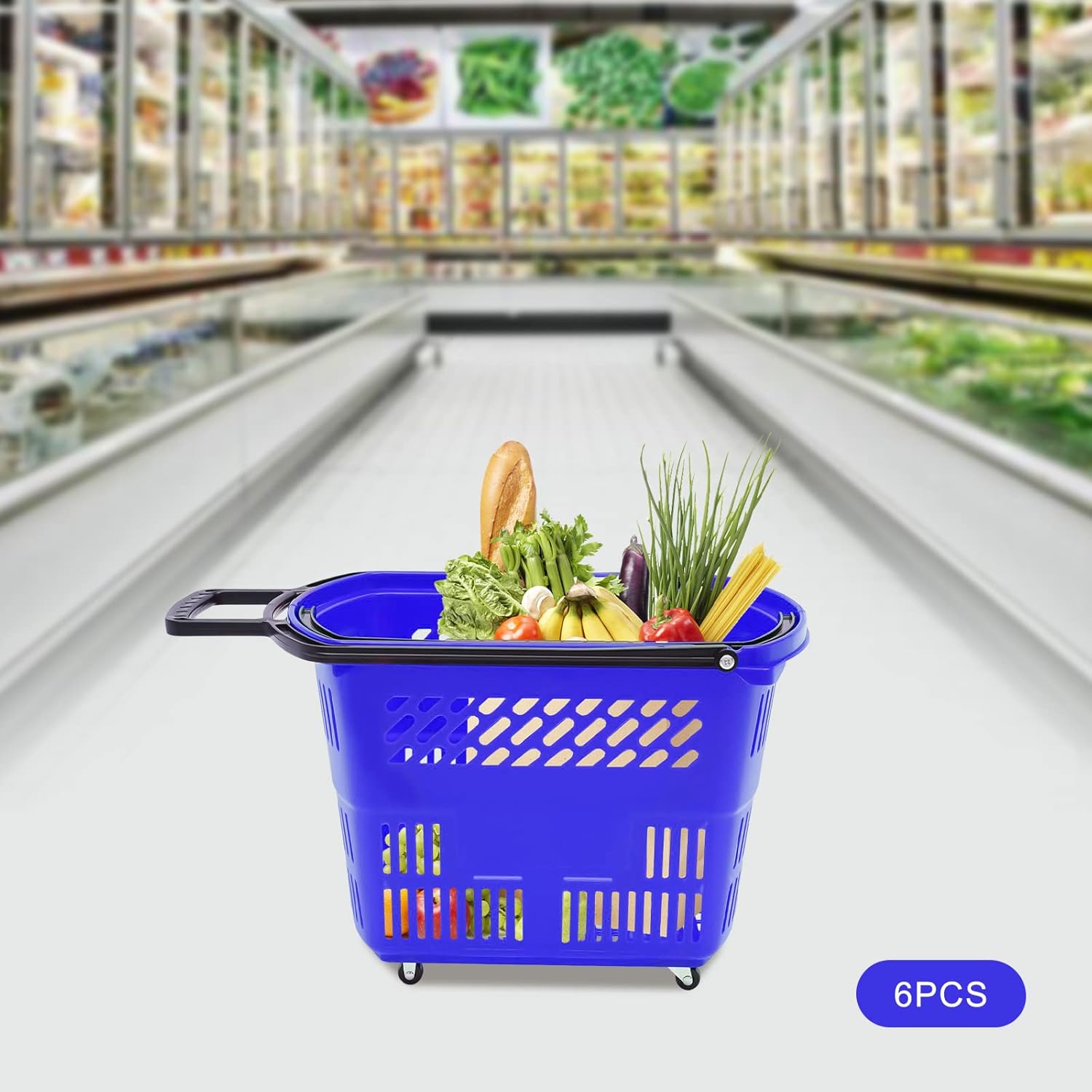 6pcs Shopping Carts, 9.2gal Portable Utility Cart Portable Plastic Rolling Shopping Basket Set Plastic Rolling Shoppings Baskets with Wheel for Storing Clothing Groceries Camping Tools (Blue, Black)