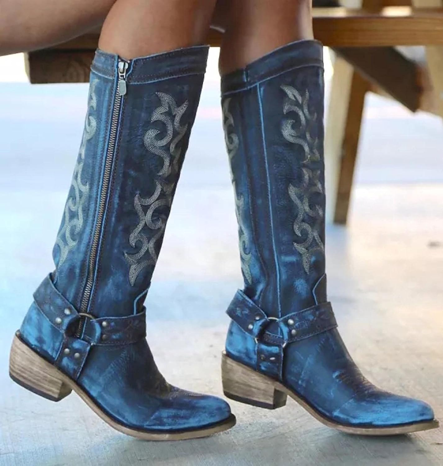 Hbeylia Western Boots For Women Vintage Casual Breathable Denim Round Toe Chunky Low Heels Western Cowgirls Boots Women'S Knee High Length Tall Riding Boots For Ladies Autumn Winter