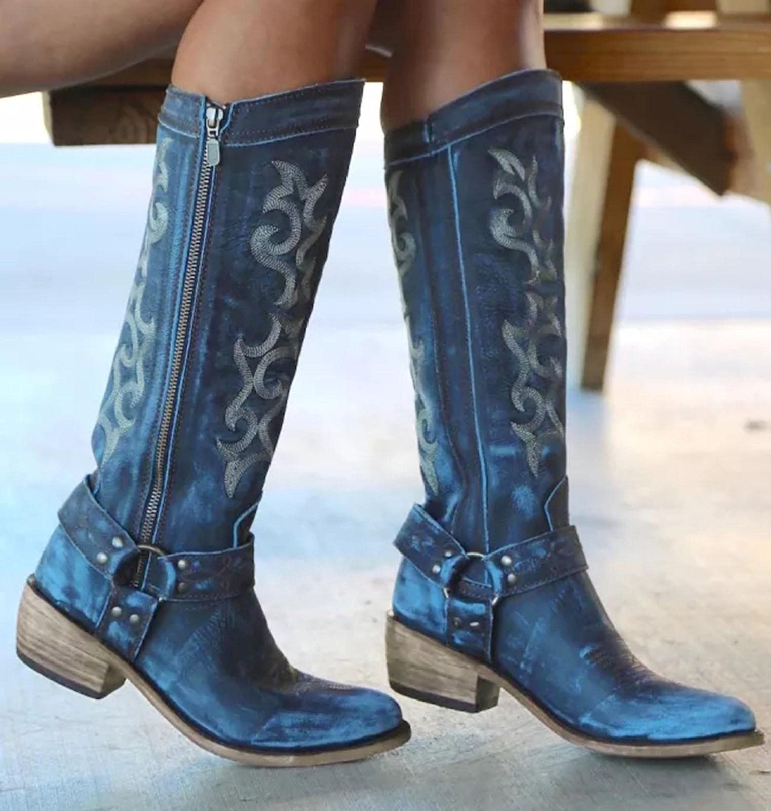 Damen Retro Cowboystiefel Westernstiefel Stickereien Niedrigem Absatz Schlupfstiefel mit Reißverschluss Stiefel Runde Zehen Schuhe Biker Boots rutschfeste Bequeme Winterstiefel