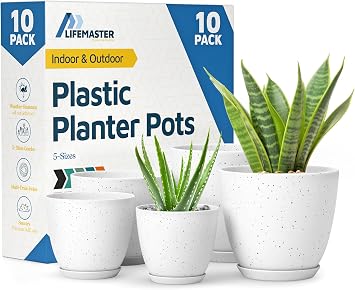 White Gray Plant Pots with Drainage Holes & Saucers 10 Pack, Indoor & Outdoor Stackable Space-Saving Planters for Houseplants & Flowers, 7", 6.7", 6", 5.3", and 4.8" Inches, Durable & Weatherproof