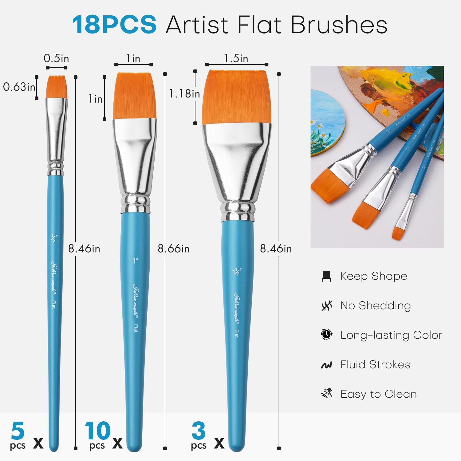 Flat Paint Brushes for Acrylic Painting, Golden Maple 18 PCS Paint Brushes for Acrylic Painting Oil Watercolor & Canvas, Incluing 3pcs 1.5inch, 5pcs 1inch, 10pcs 1 inch Flat Brushes