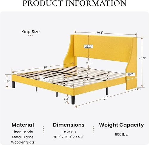 Miniatura 33 de SHA CERLIN Base de cama de plataforma tamaño Queen con cabecero tapizado, elegante diseño de respaldo de alas, soporte de listones de madera