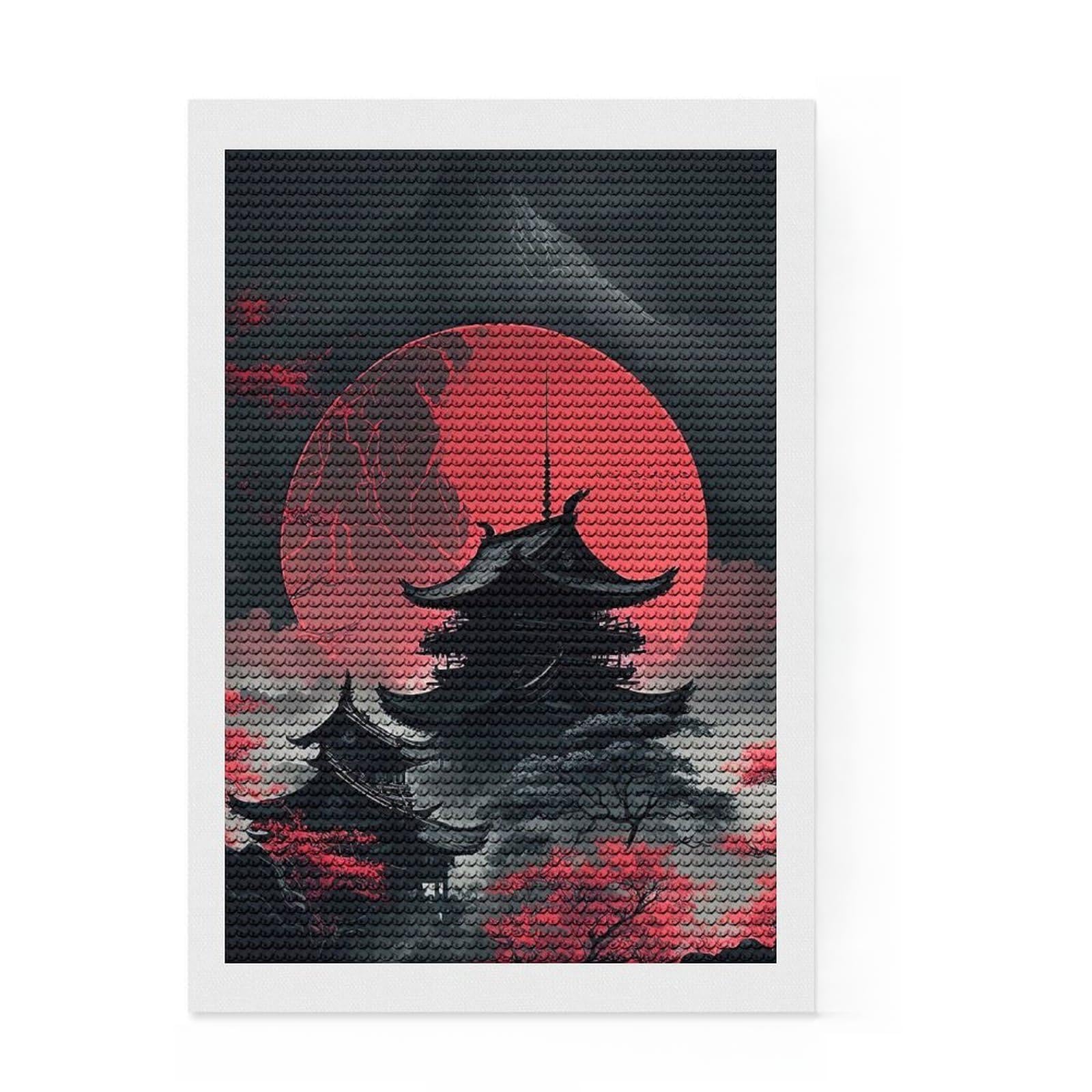 Junmoney Red Moon Japan Diamond Art Canvas 8"x12", for Creative Relaxation, Pleasing Wall Art Project, Aesthetic Room Decor, Christmas Gift