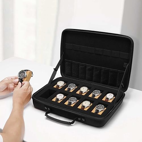 Miniatura 3 de MOSISO Caja de reloj, 10 ranuras para relojes, organizador de exhibición de relojes para hombres, organizador de caja de reloj portátil con asa para