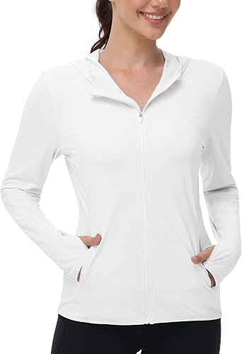 isnowood Womens UPF 50+ Sun Protection Rash Guard, UV SPF Long Sleeve Zip Hoodie Jacket, Lightweight Hiking Outdoor Shirts