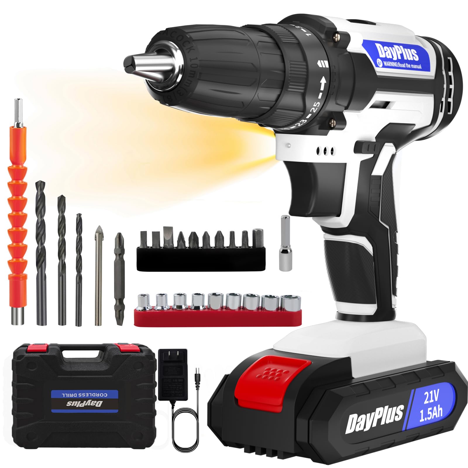21V Cordless Drill Set, Electric Power Drill with 1 Battery, 3/8'' Keyless Chuck, 45Nm, 25+1 Torque, 2 Variable Speeds,29pcs Drill Bits & LED Electric Drill Set for Home and Garden DIY (White) — image 1