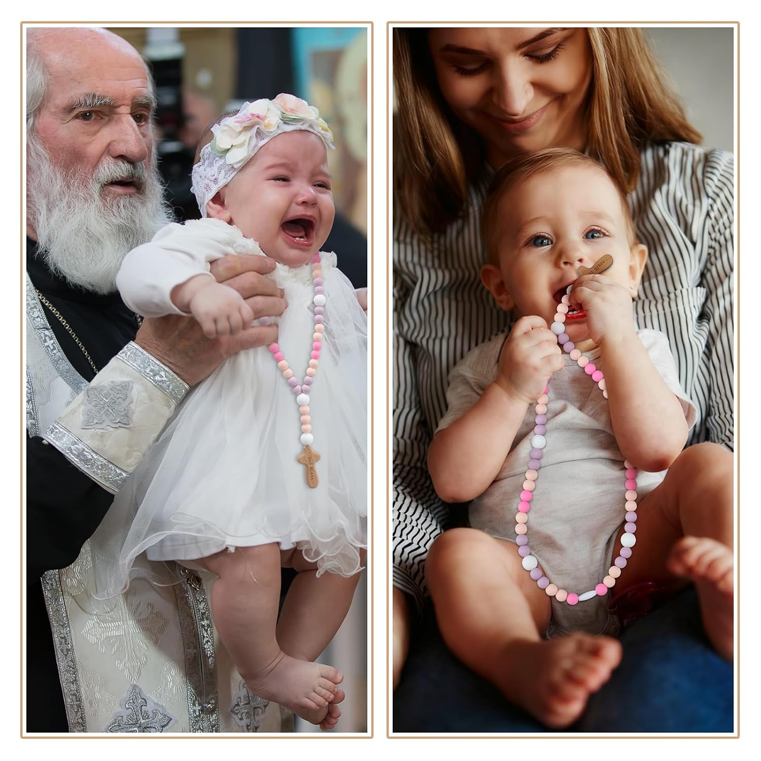 Misdary Baby Rosary Baptism Gift Silicone God Bless Kids Rosary with Cross Baptism Party Supply for Baby Shower Christian Catholic Communion Gifts(Pastel Purple,Square)