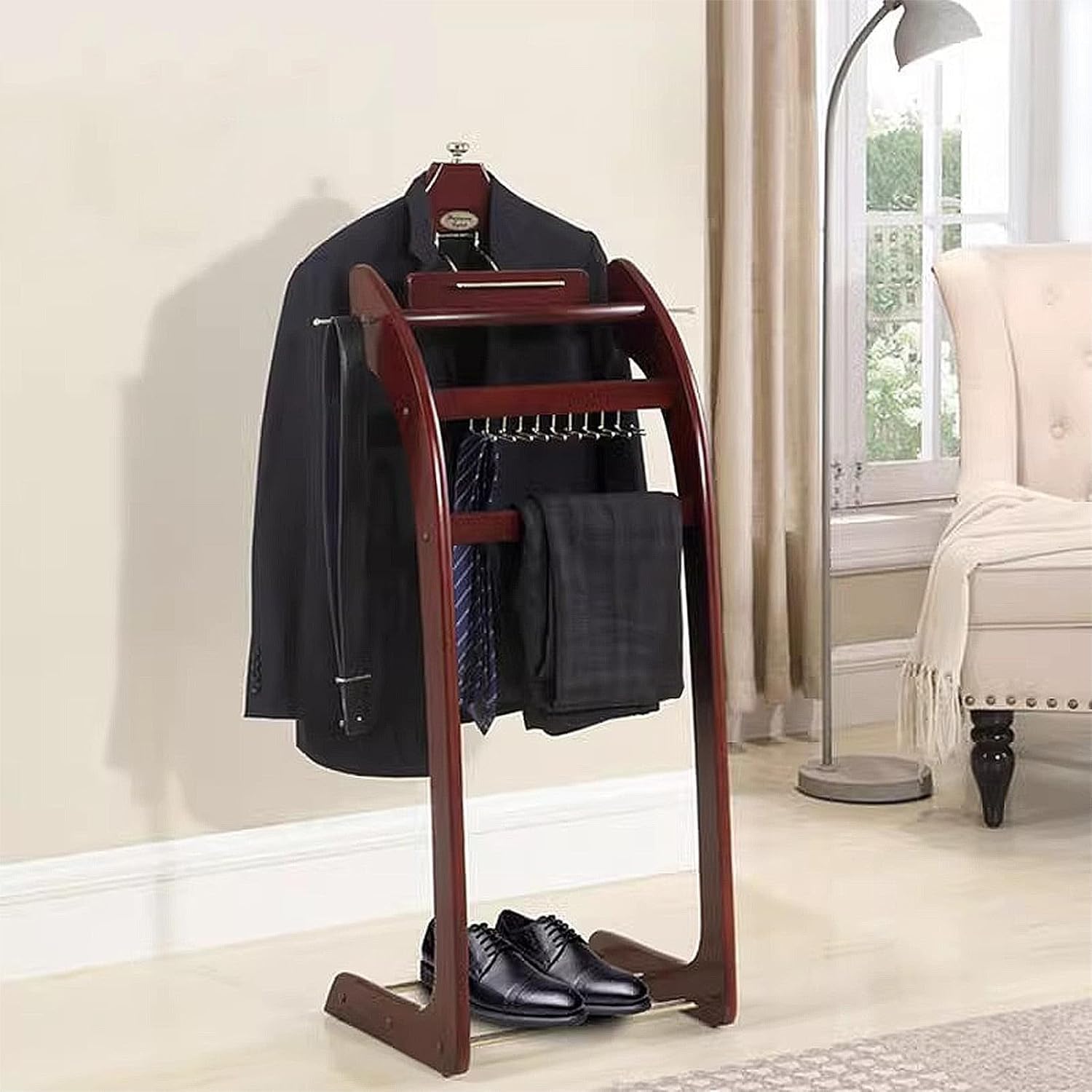 Solid Wood Suit Valet Stand with Trouser Bar, Tie Rack & Shoe Shelf - Freestanding Clothes Rack for Bedroom, Bathroom, Office - Elegant & Functional Wardrobe Organizer