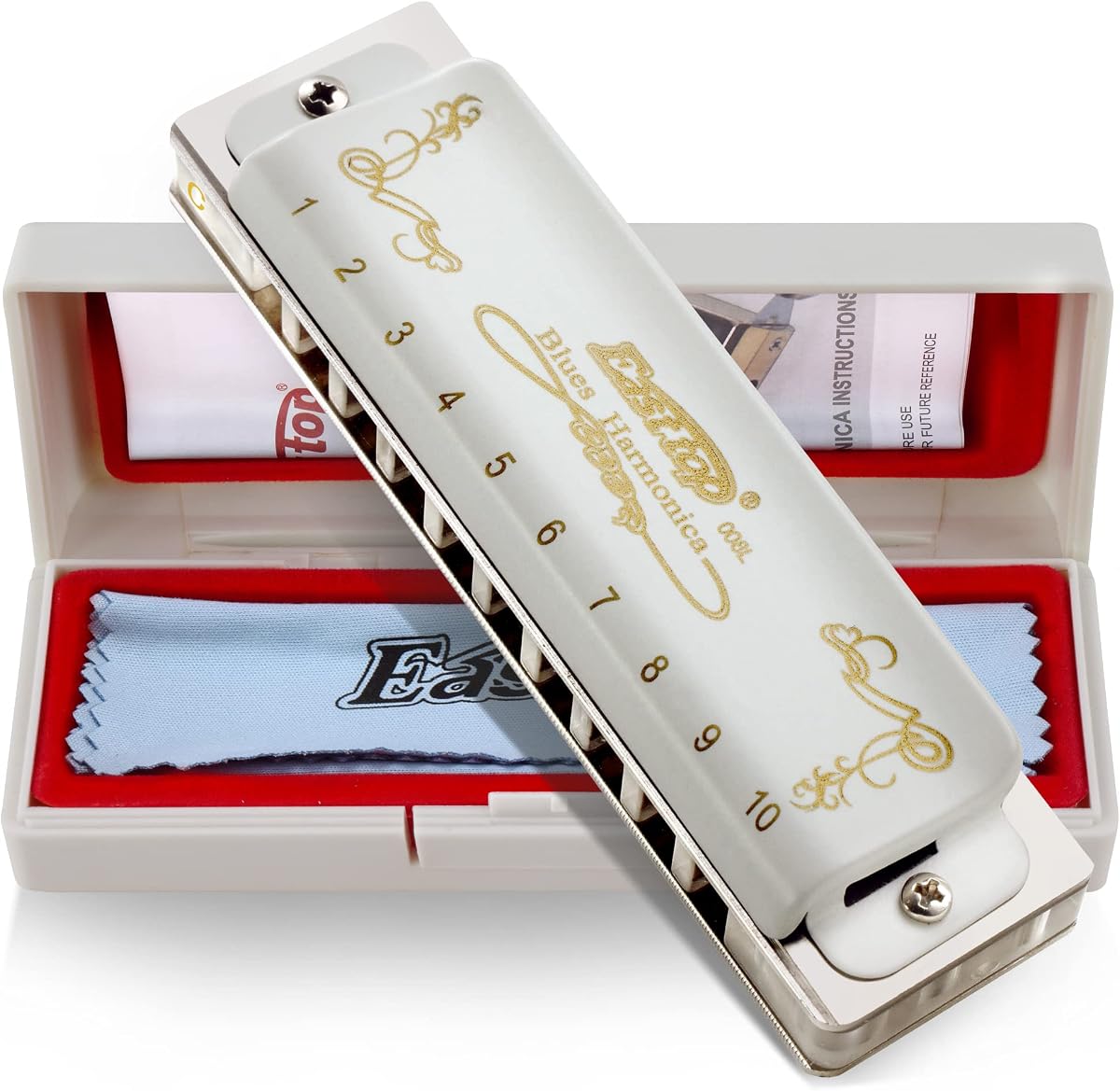 East top Blues Harmonica Key of C, 10 Holes Diatonic Mouth Organ Harmonica with White Cover, T008L Harmonica for Adults, Professionals and Students