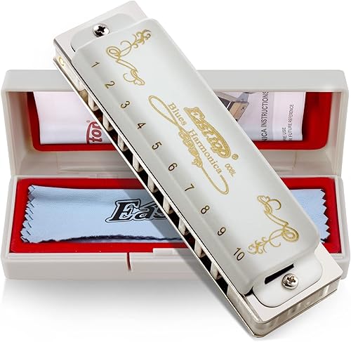 East top Blues Harmonica Key of C, armónica de órgano de boca diatónica de 10 agujeros con cubierta blanca, armónica T008L para adultos,
