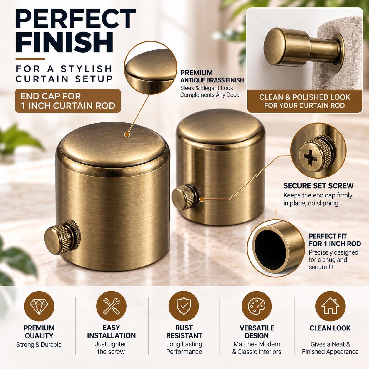 Elite Heavy Brass Antique Decorative Round Curtain Rod End Cap Finials for Door and Window 1 Inch Curtain Rod Accessories- 4pcs (Brass Antique) — Amazon image 3