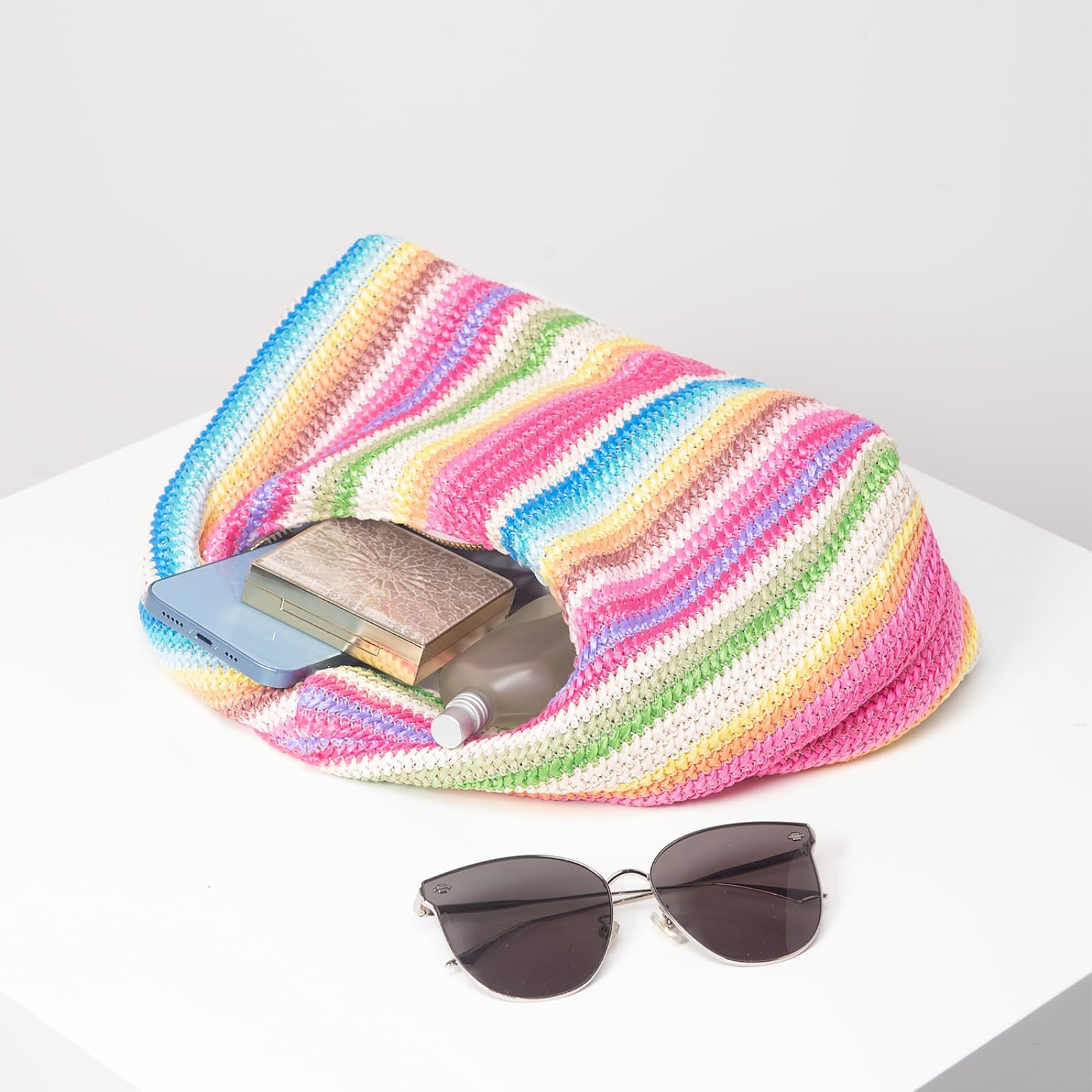 Borsa Spalla Paglia Rainbowhand-Woven, A Mini Maniglia Knotted-Top per Le Vacanze sulla Spiaggia E Escursioni Casual-Multi