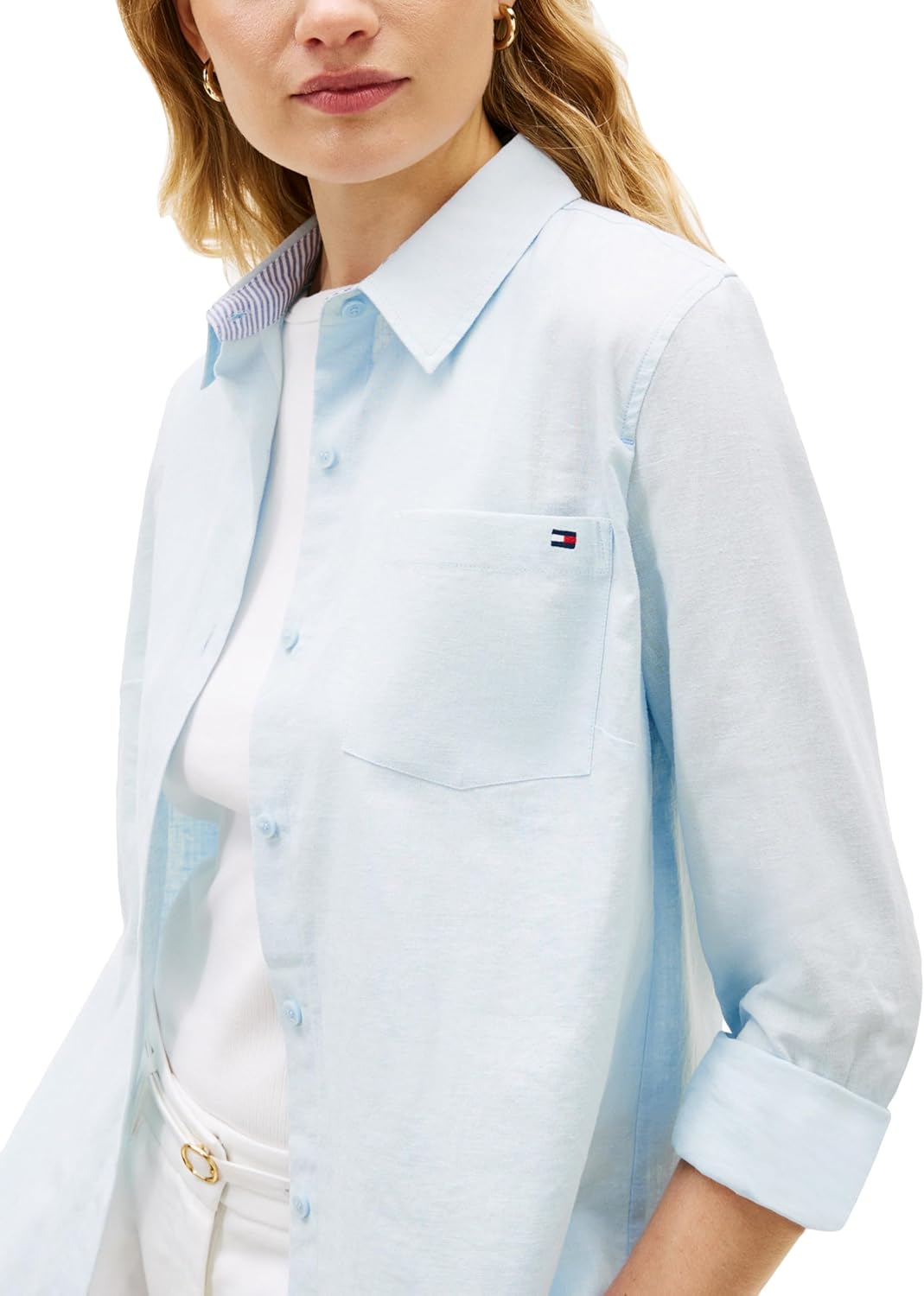 Tommy Hilfiger Women's Lightweight Linen Long Sleeve Button Down Shirt in Regular Fit with Roll Up Sleeve Linen Blouse