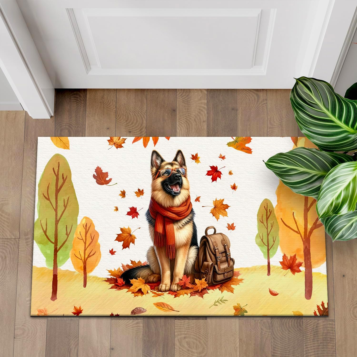 Welcome Fall German Shepherd Enjoys School Time Autumn Fall Leaves Doormat Alsatian Dog Lover Gifts Indoor Outdoor Welcome Mat - 02013