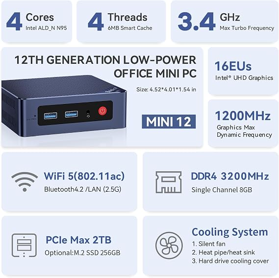 Beelink EQ Mini PC,Mini S12 N95 Intel Alder Lake-N95 (up to 3.4GHz),16GB DDR4 500GB M.2 SSD Mini Desktop Computer, Support 4K@60Hz Dual HDMI Display, 1000M LAN/USB3.2/Low-Power Home/Office Micro PC