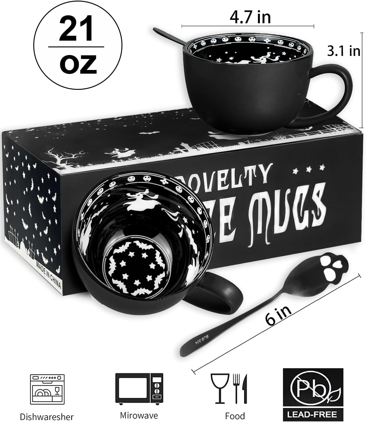 Christmas Gifts,2Pack Midnight Skull Coffee Mugs with Spoons, Halloween Birthday White Elephant Weird Gifts for Women Men Girl Friends, Spooky Witchy Gothis Decor Horror Novelty Tea Cup - Image 6