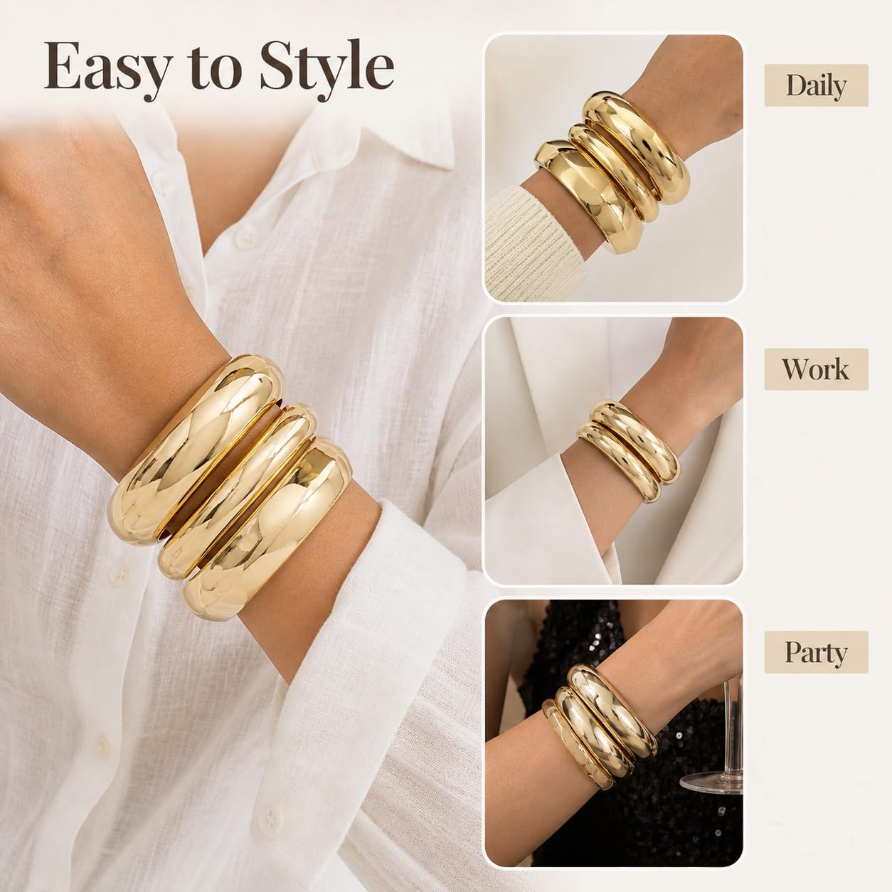 3PCS Chunky Gold Bangle Bracelets for Women Trendy Wide Wrist Cuff Bracelets Stack Statement Bangle Fashion Jewelry Gift