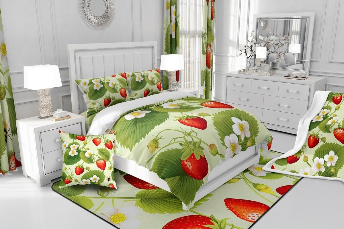 Feelyou Strawberry Throw Pillow Cover 24"x24" Soft Kawaii Strawberry Print Cushion Cover Pillow Case for Couch Sofa Bedroom Car Reversible Floral Leaf Red Green Decorative Throw Pillowcase