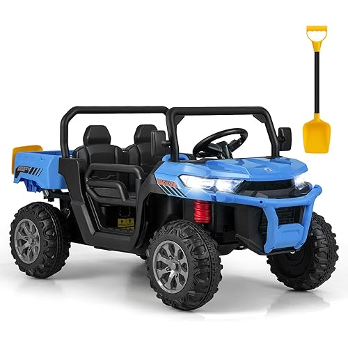 OLAKIDS 2 Seater Ride On Car, 12V Off-Road UTV Electric Vehicle with Remote Control, Dump Bed, Extra Shovel, Music, USB, AUX, Rocking Function, Kids Toddlers Battery Powered Truck (Navy)