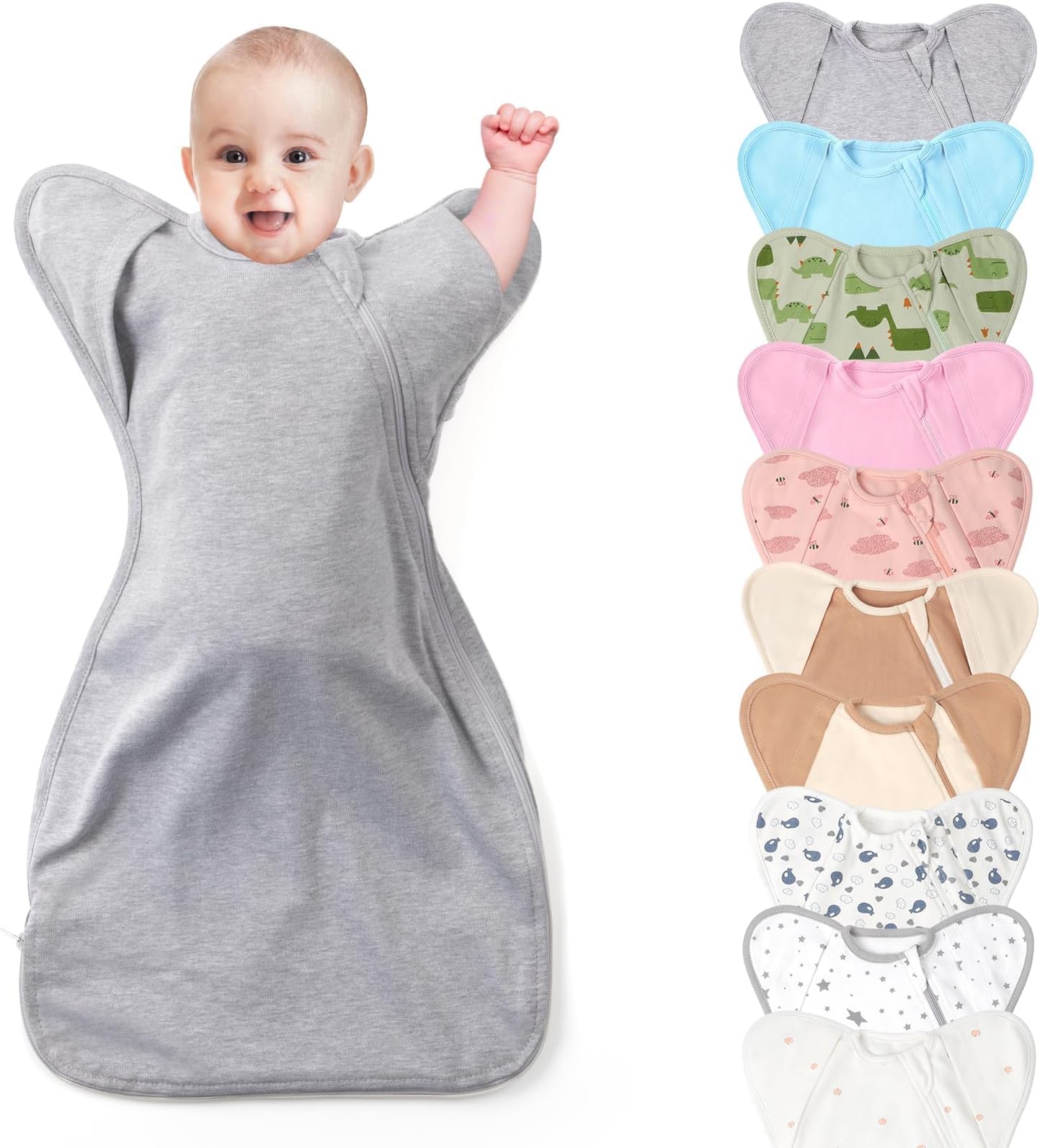 3-Way Wearable Swaddle Blankets Sleep Sacks with Arms Up, Hands Up Sleeping Sack Easy Diaper Changing Sleeping Bag for Baby Boy Girl Newborns Transitions to Arms-Free Calms Startle Reflex