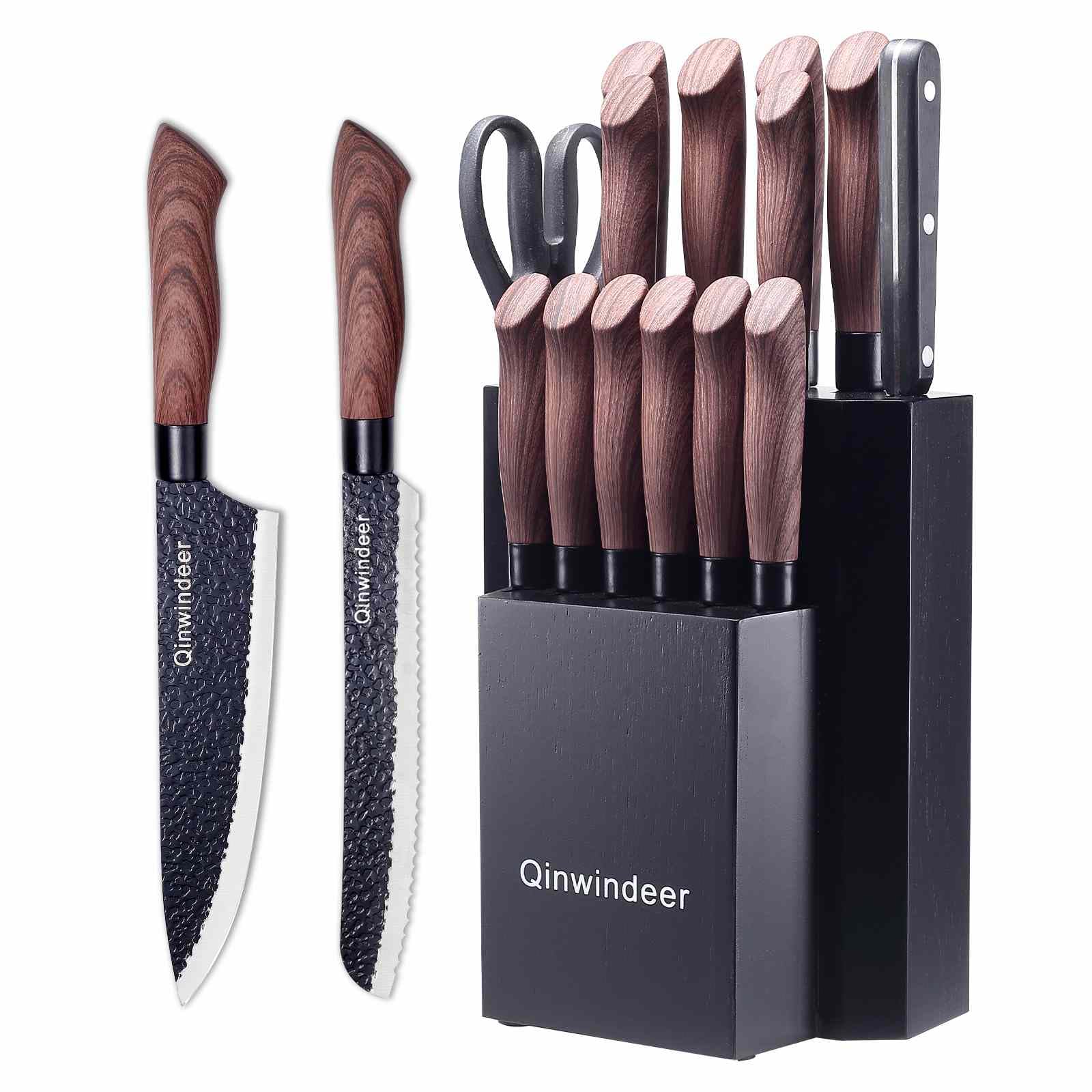 Knife Block Set with Sharpener 16 Pis?Forged Cooking Kitchen Knives Sets Dishwasher Safe?Chef Cutting Knofe Set Stainless Steel Black Blade(black)